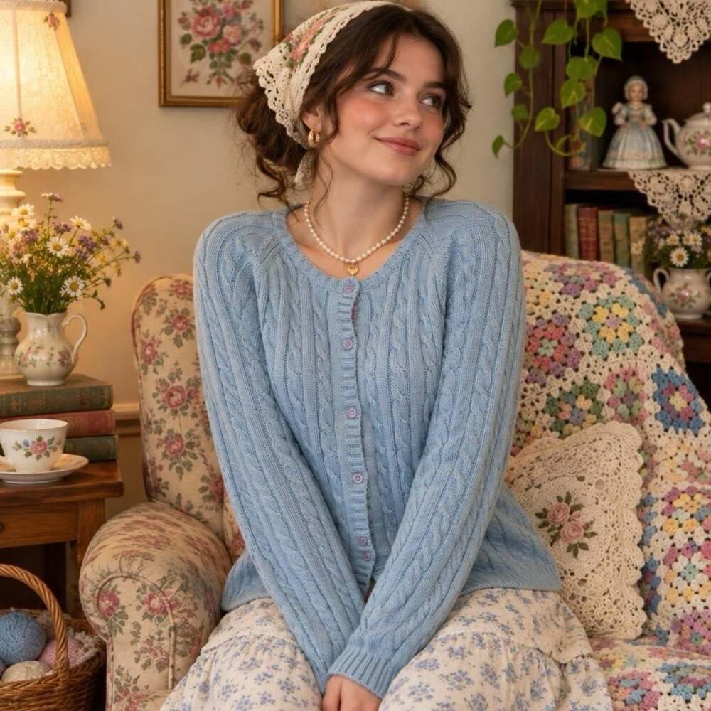 Vtg LL Bean NauticalBlue Fisherman CableKnit Heavy Cardigan Sweater RoundNeck XL